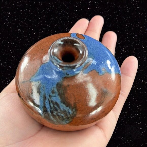 Vintage Hand Trown Art Pottery Bud Vase Signed Hand Made Ceramic Blue Red Drip - Picture 16 of 16